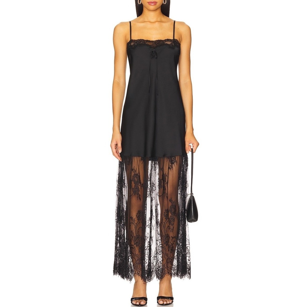 NWT Show Me Your Mumu Women's Medium Celine Dress Black Luxe Satin Lace Maxi